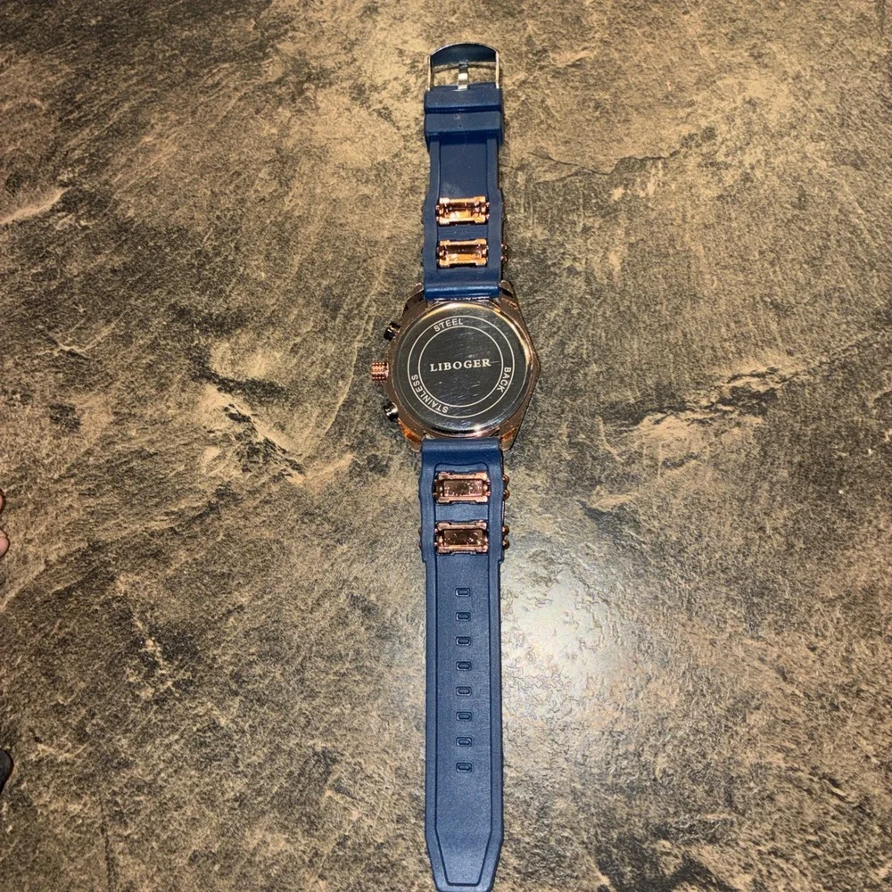 LIBOGER Asymmetrical Chronograph Wristwatch Blue Gold Silicone Date Tachymeter